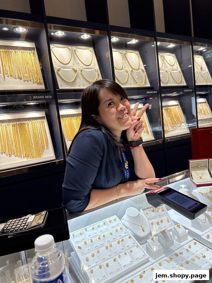 A smiling woman at MoneyMax Pawnshop displays gold jewelry and accessories.