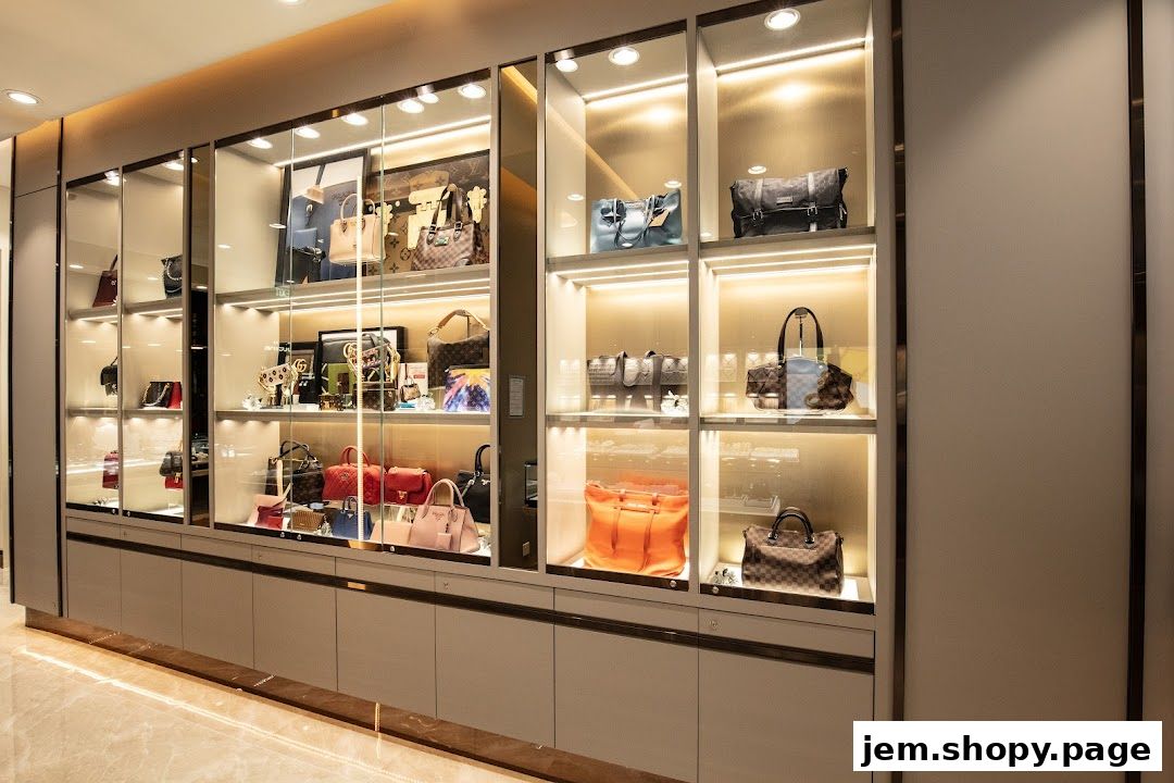 A well-lit display cabinet showcasing a variety of luxury handbags and accessories.