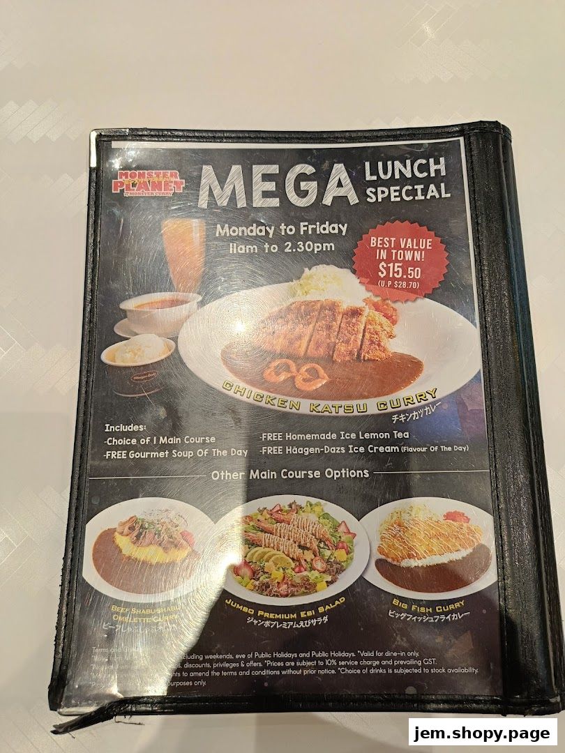 A menu for Monster Planet featuring a Mega Lunch Special with Chicken Katsu Curry.