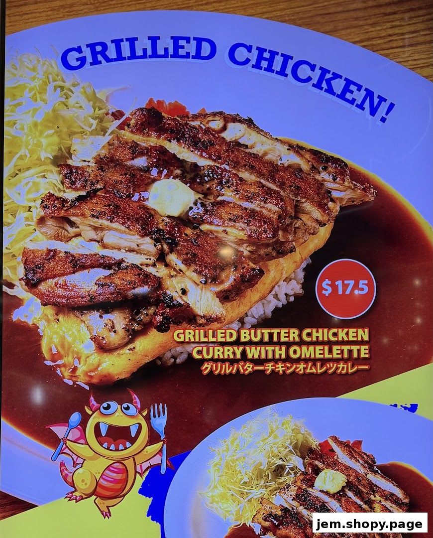 A menu item featuring grilled butter chicken curry with omelette and shredded cabbage.