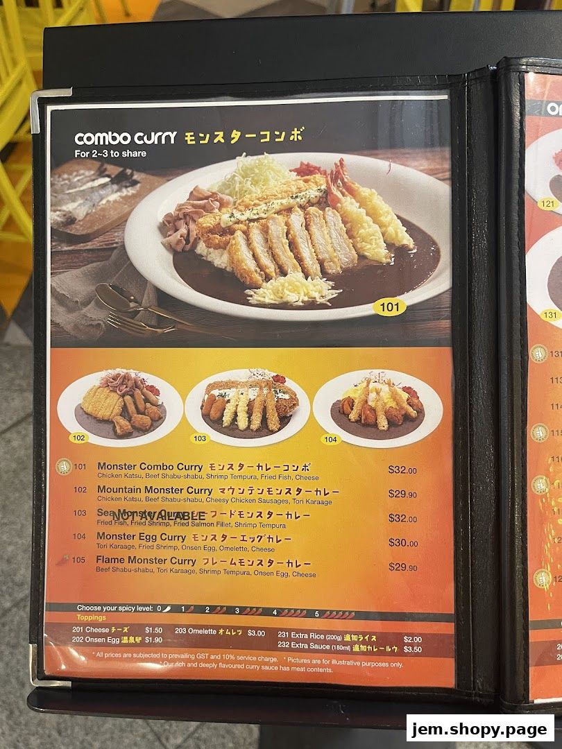 A menu for Monster Planet featuring various curry dishes and toppings with prices.