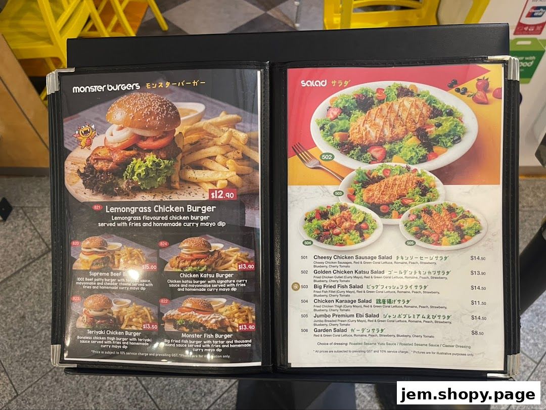 A menu displaying burgers and salads with prices and descriptions.