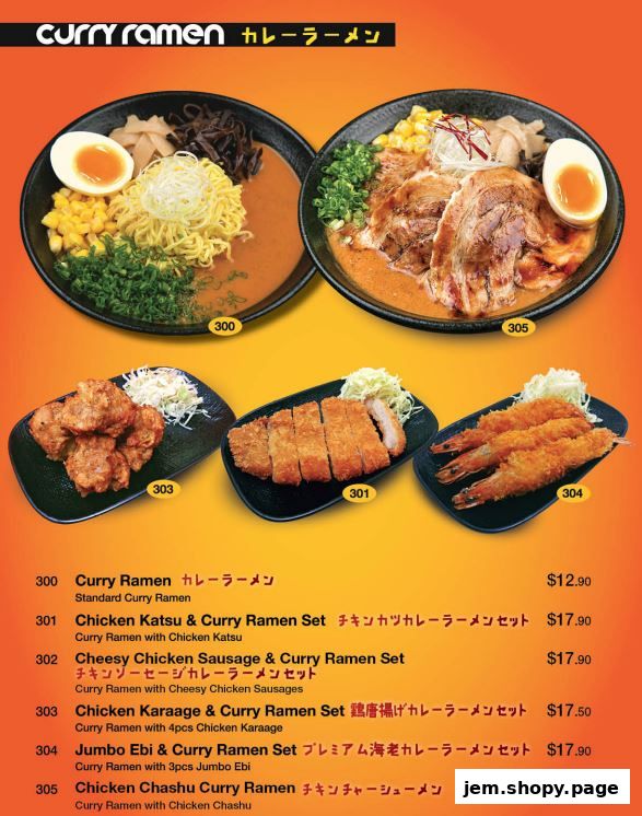 A menu showcasing various curry ramen dishes with chicken katsu, sausages, karaage, ebi, and chashu.