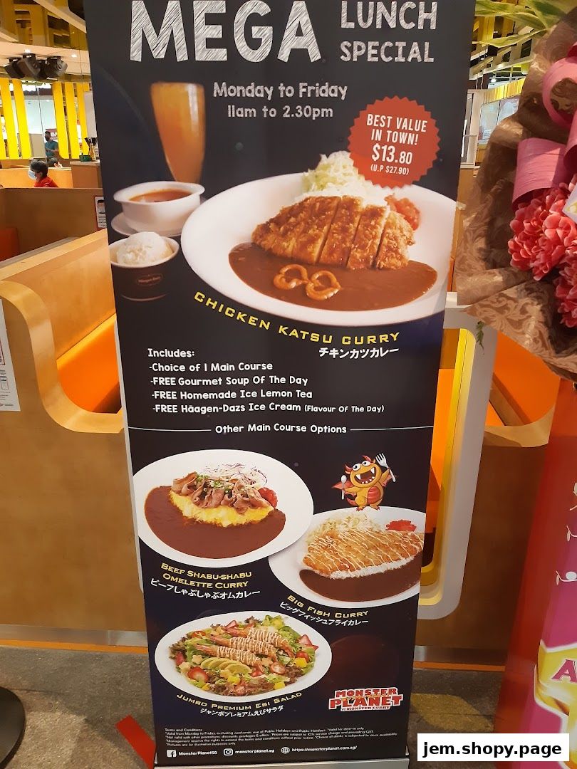 A banner advertising Monster Planet's Mega Lunch Special with various curry dishes and sides.