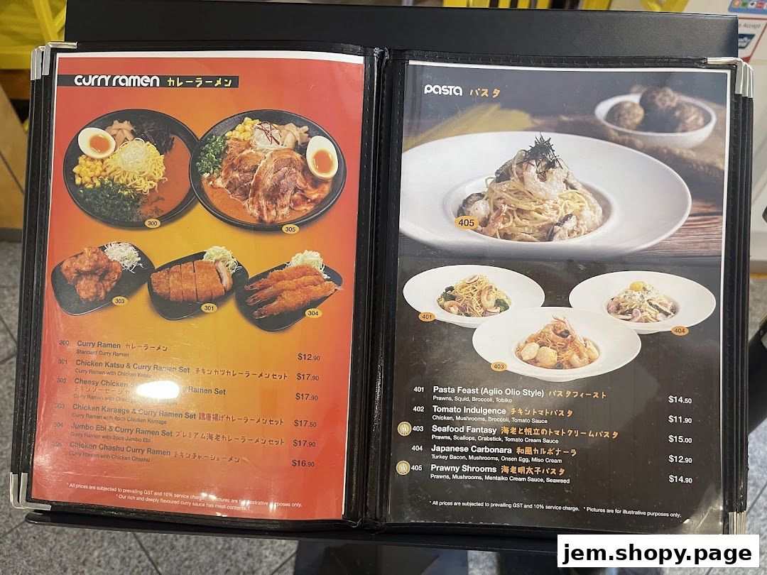 A menu featuring curry ramen dishes and various pasta options with enticing images.