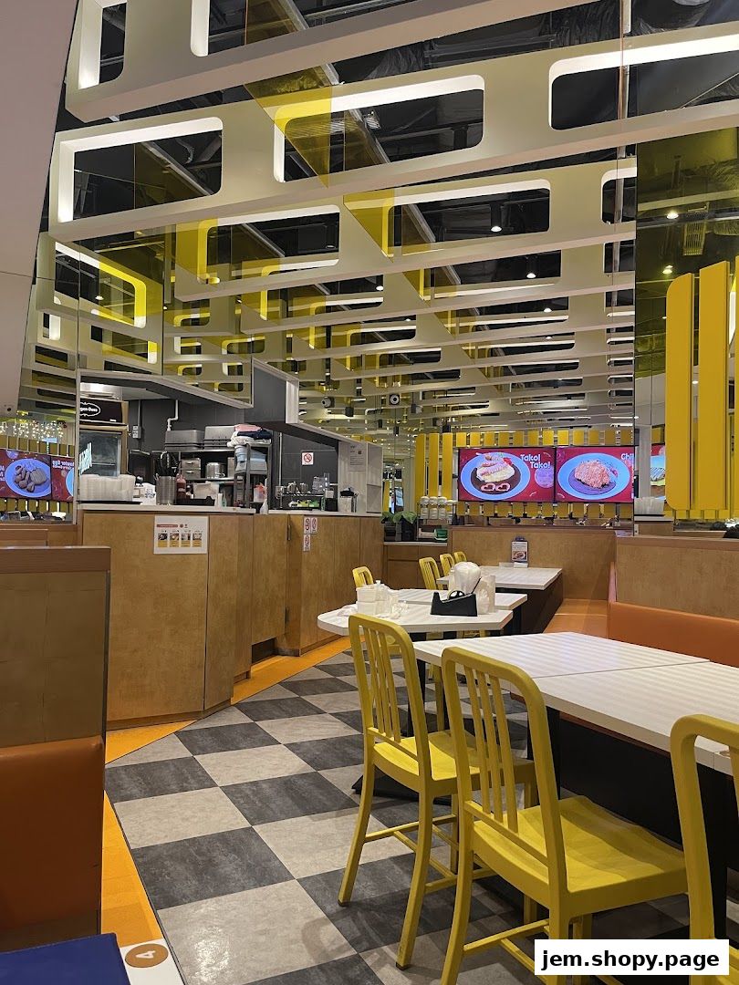 Interior of a brightly lit restaurant with yellow chairs and checkered flooring.