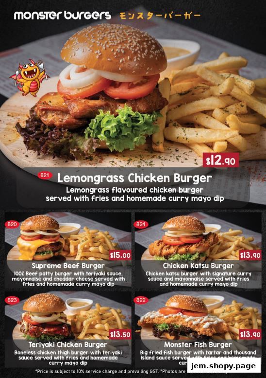 A menu showcasing various gourmet burgers with fries and dips from Monster Burgers.
