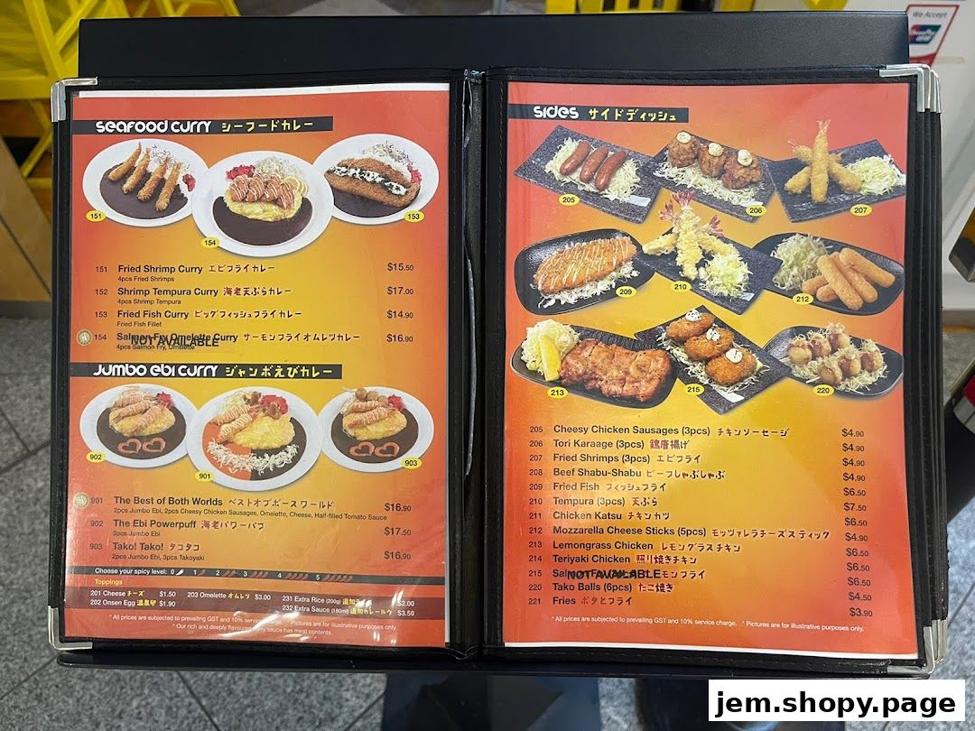 A menu displaying various seafood curry and side dish options with prices.