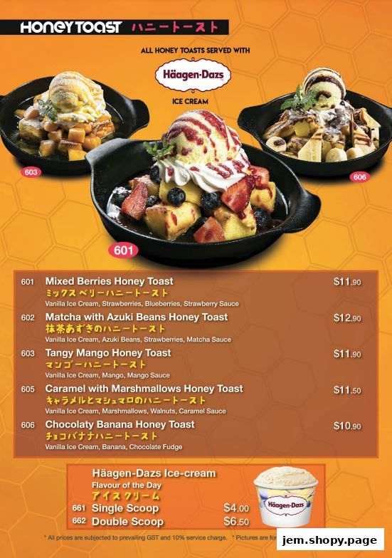 A menu showcasing various honey toast desserts served with Haagen-Dazs ice cream.