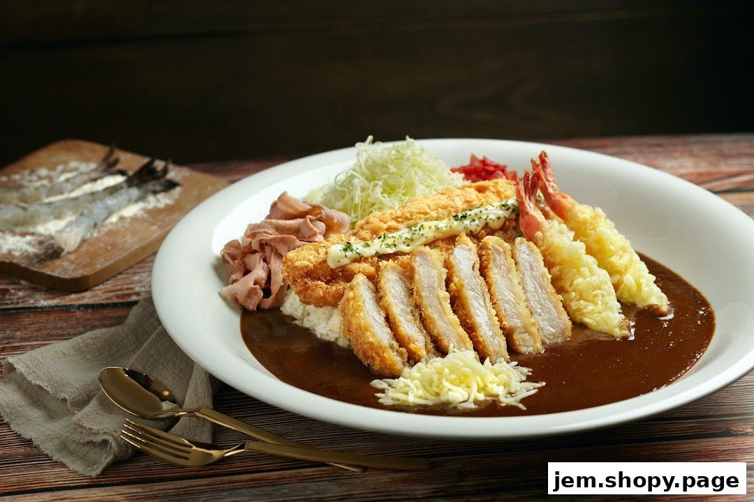 A delicious Japanese curry dish with katsu, tempura shrimp, and sliced pork.