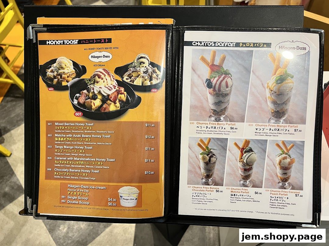 A menu featuring Honey Toasts and Churros Parfaits with Haagen-Dazs ice cream.
