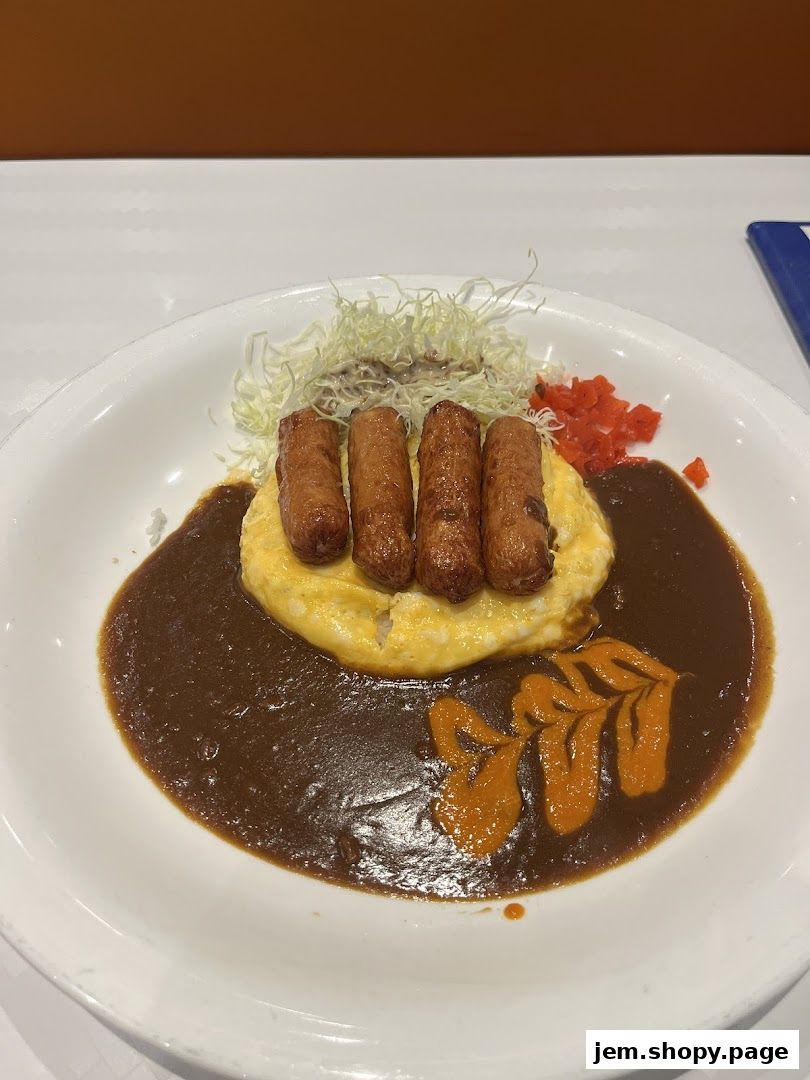 A plate of omurice with sausages, curry sauce, and shredded cabbage.