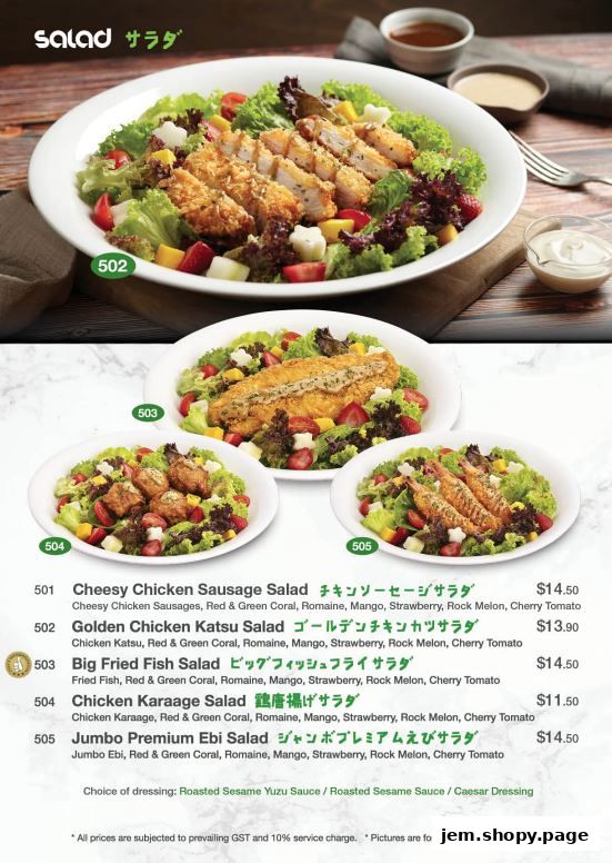 A menu showcasing various salads with chicken, fish, and shrimp options.