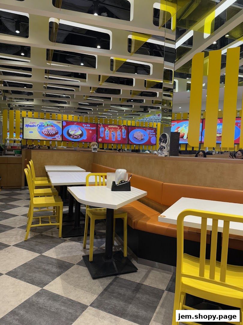 Interior of a brightly lit restaurant with yellow chairs and orange booths.