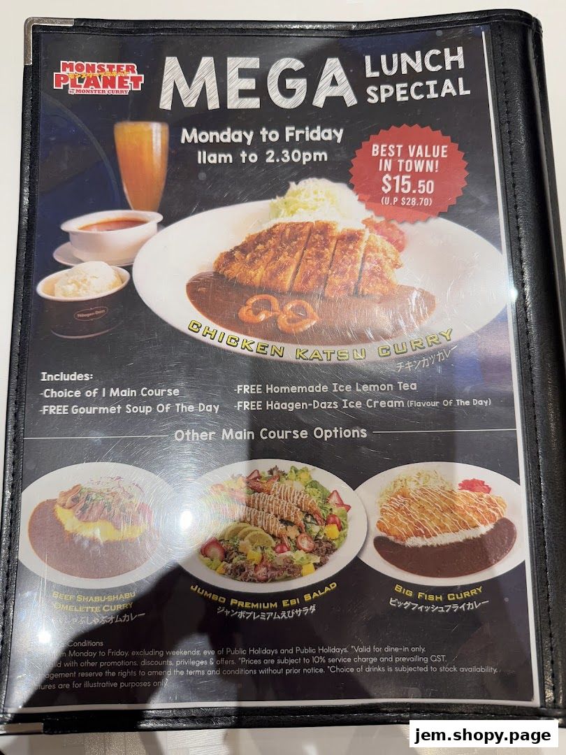 A menu for Monster Planet featuring a Mega Lunch Special with Chicken Katsu Curry.