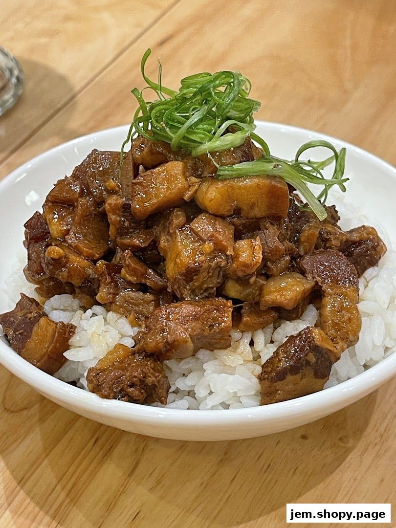 A close-up of braised pork belly served over white rice, garnished with green onions.