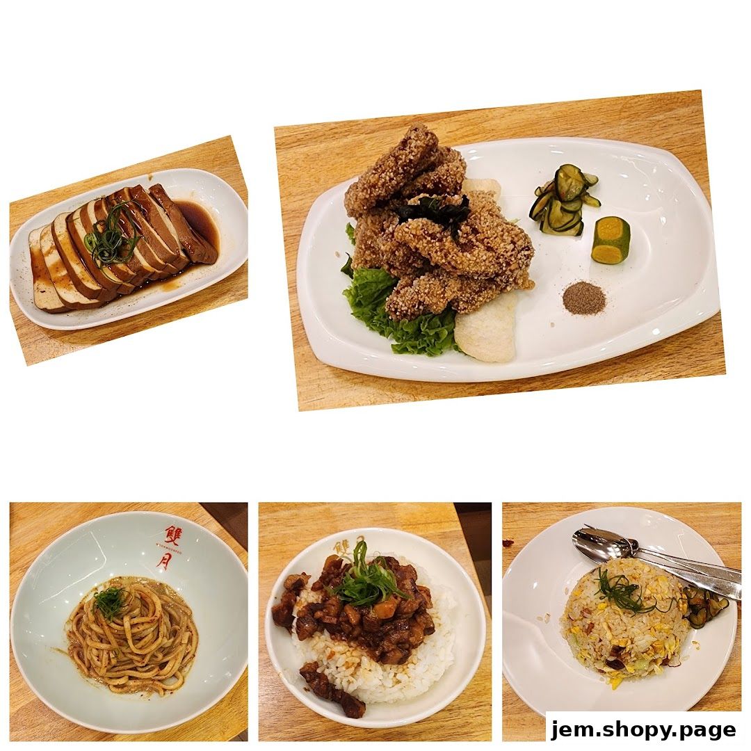 A collage of delicious Taiwanese dishes including fried chicken, noodles, and rice bowls.