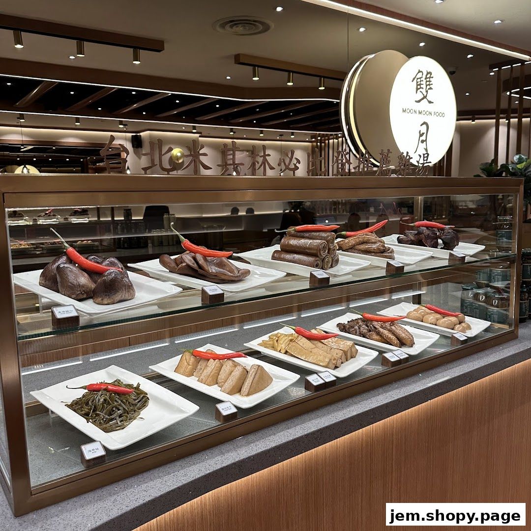 A display case filled with various prepared food items, garnished with red chili peppers.