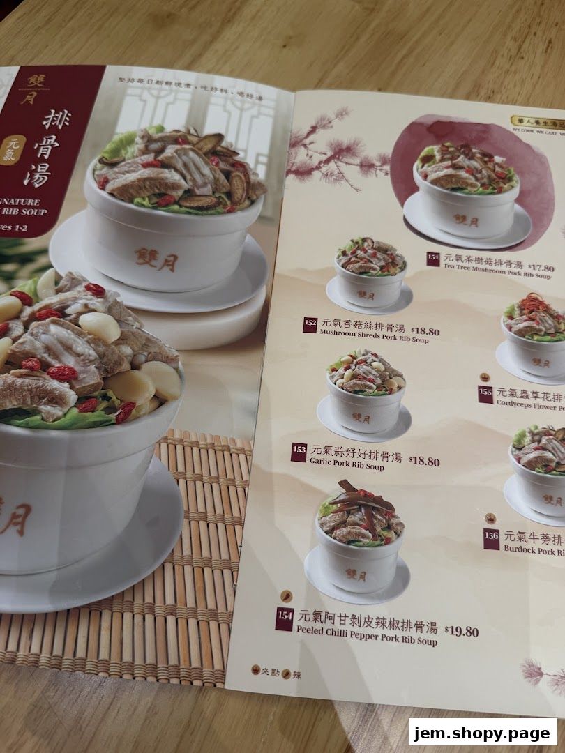 A menu from Moon Moon Food JEM showcasing various pork rib soup dishes with appetizing images.