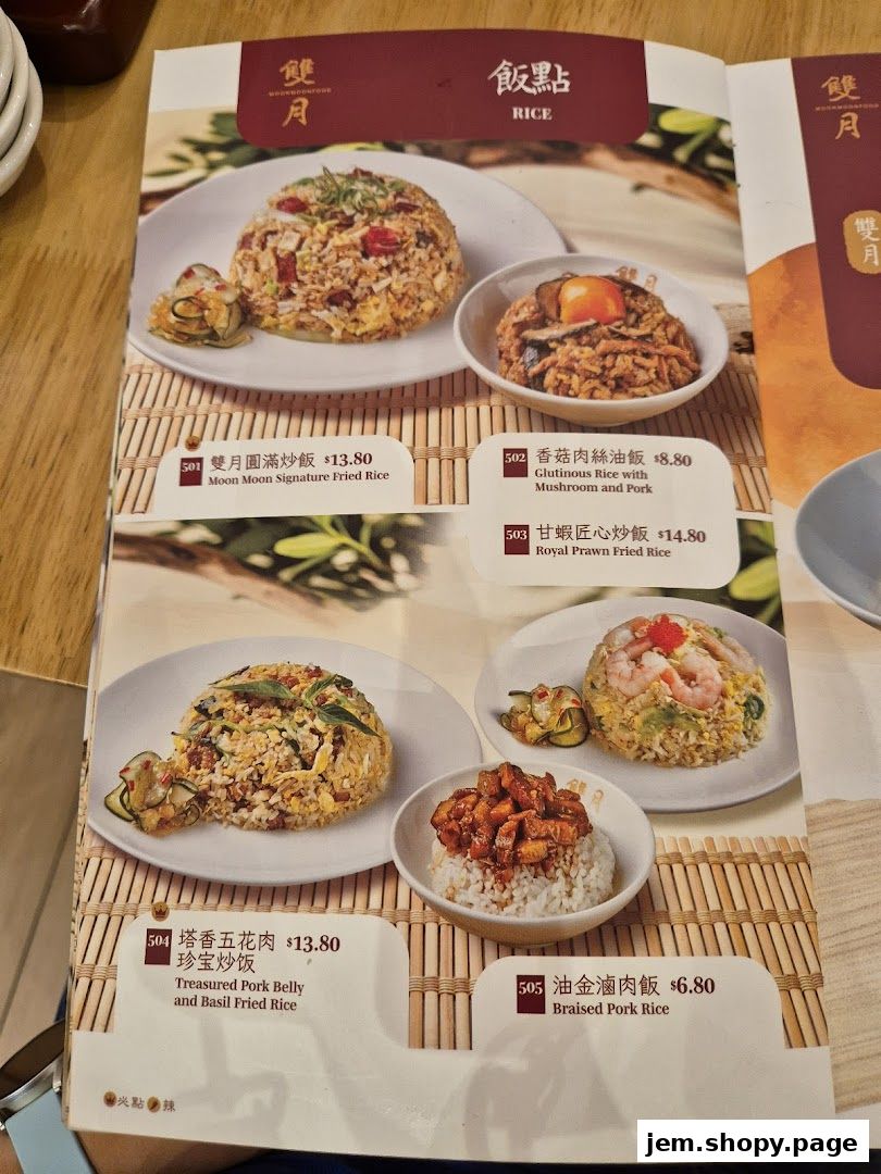 A menu page from Moon Moon Food featuring various rice dishes with prices and descriptions.