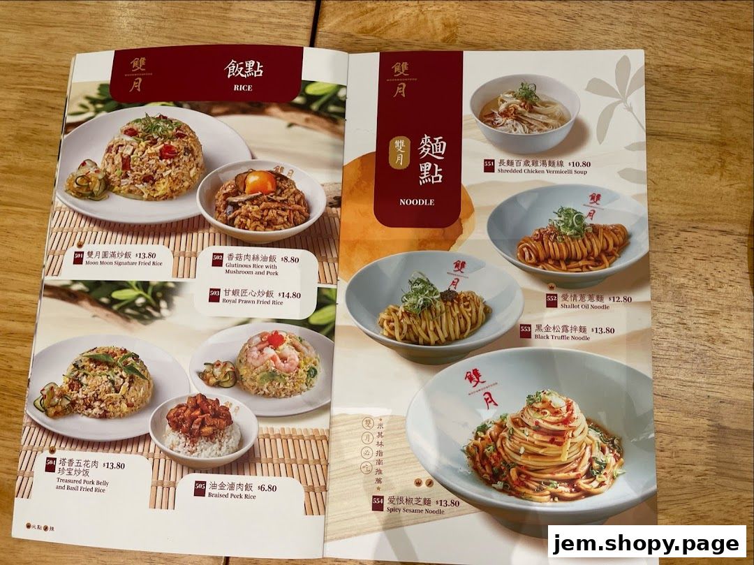 A menu from Moon Moon Food featuring rice dishes and noodle dishes with prices.