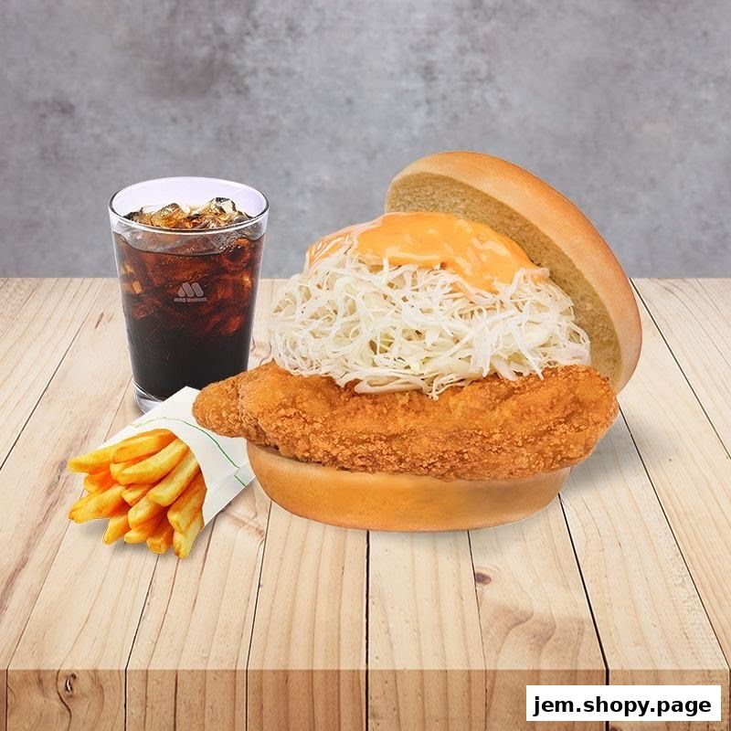 A delicious MOS Burger meal featuring a crispy chicken burger, fries, and a cola.