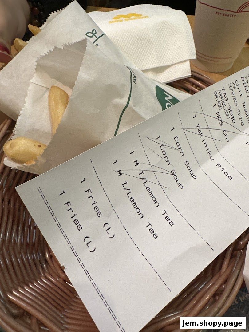 A receipt from MOS Burger showing a meal with fries, drinks, and a rice dish.
