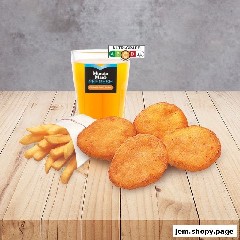 A glass of orange juice with fries and chicken nuggets on a wooden table.