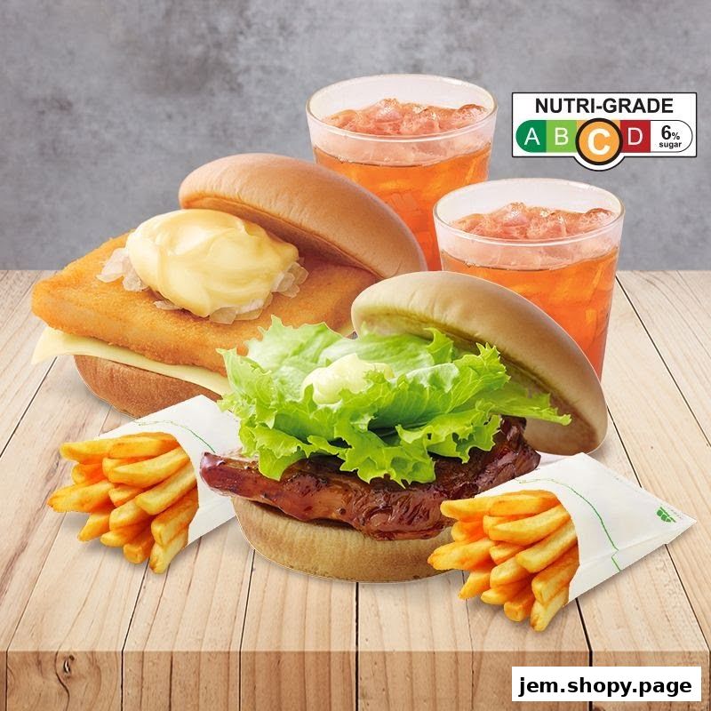 MOS Burger meal featuring two burgers, fries, and iced tea with a Nutri-Grade label.