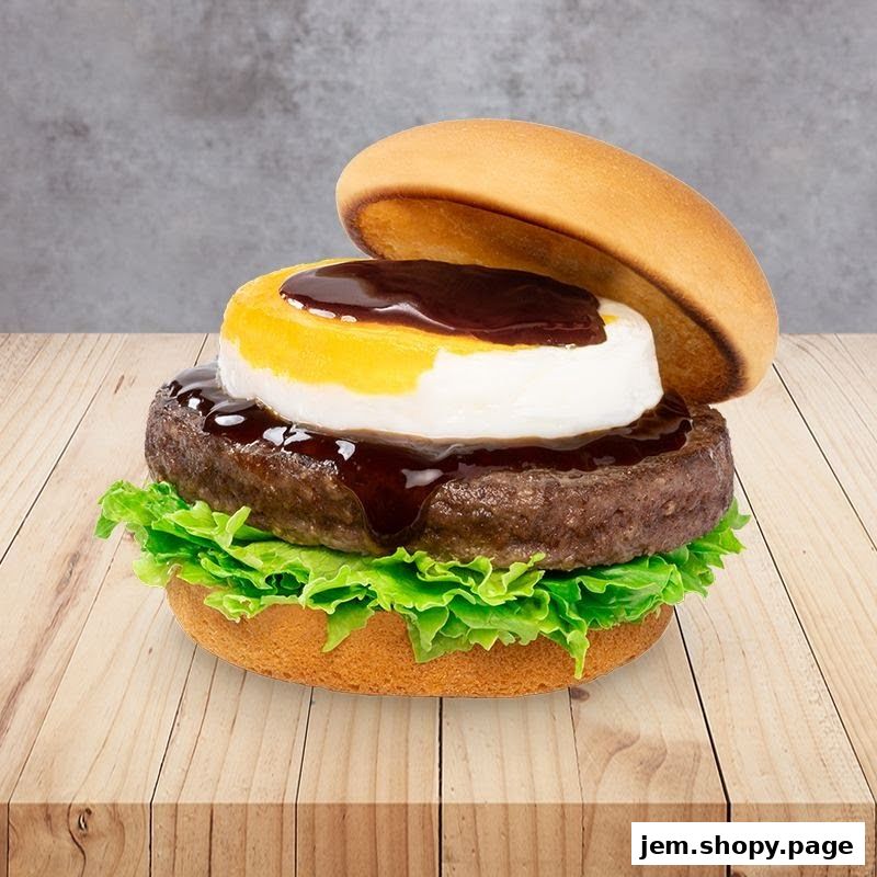 A delicious MOS Burger with a thick patty, egg, and sauce on a wooden table.