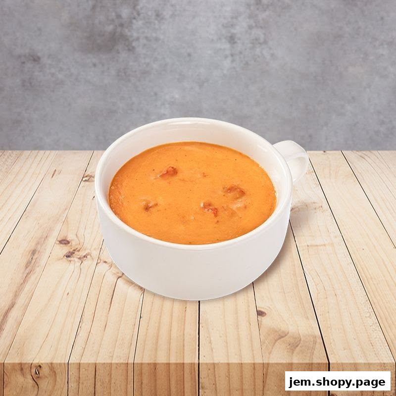 A bowl of creamy tomato soup with visible chunks of ingredients on a wooden table.