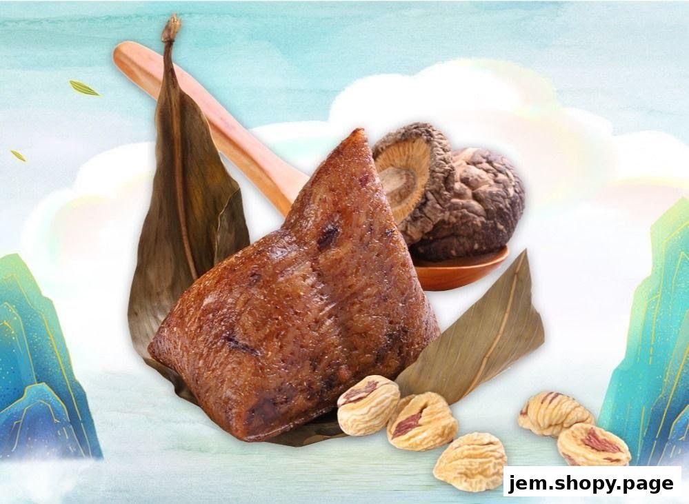 A close-up of a traditional Chinese zongzi with shiitake mushrooms and chestnuts.