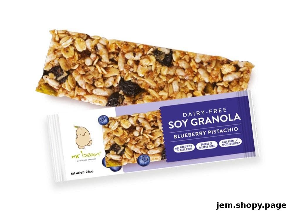 A dairy-free soy granola bar with blueberry pistachio flavor.