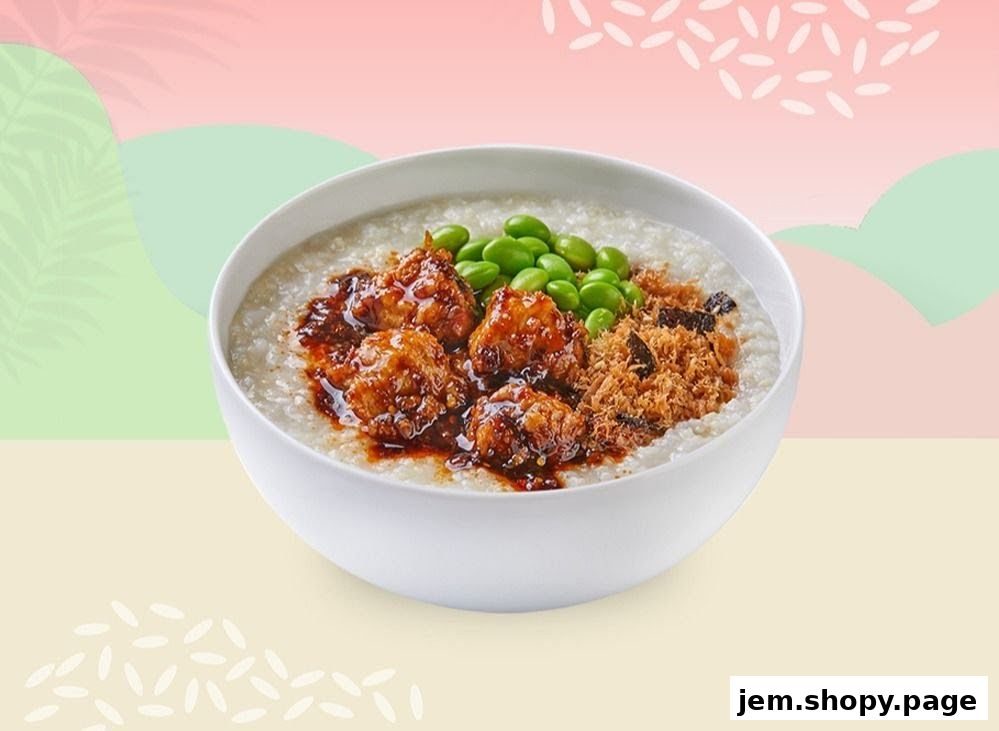A bowl of congee topped with savory meat, edamame, and shredded pork.