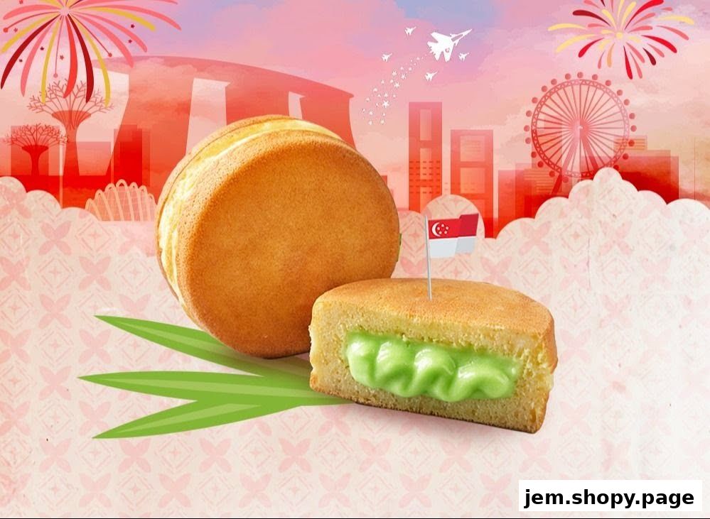A close-up of a pandan-filled pancake with a Singapore flag, set against a cityscape.