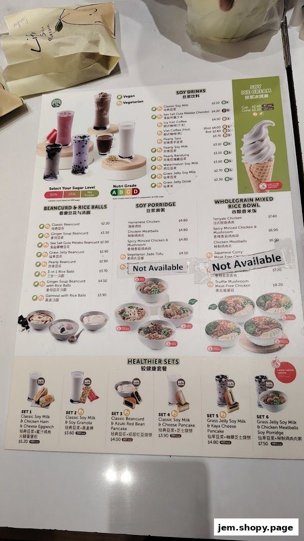 A menu displaying soy drinks, beancurd, soy porridge, rice bowls, and healthier sets.