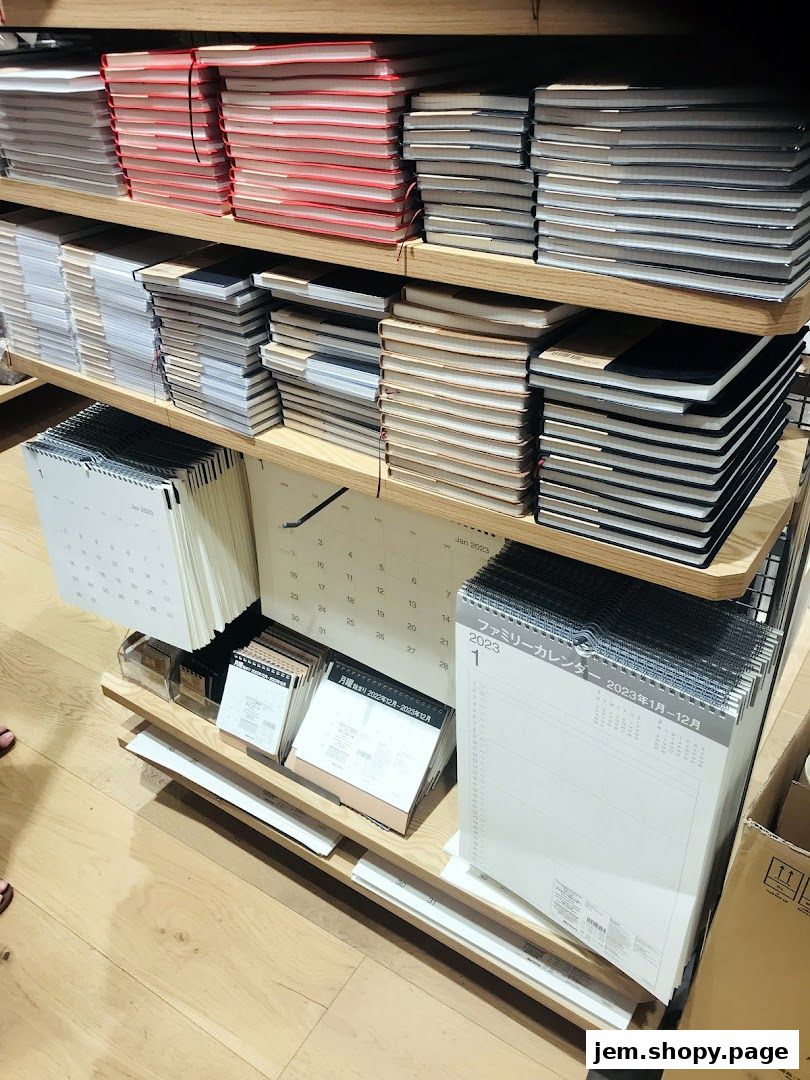 Shelves stocked with notebooks and calendars, neatly organized for sale.