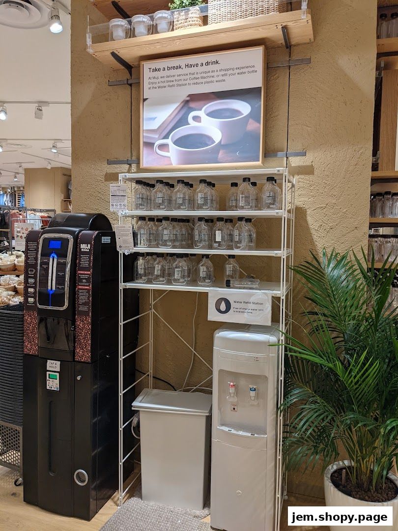 MUJI store offers a coffee machine and a water refill station for shoppers.