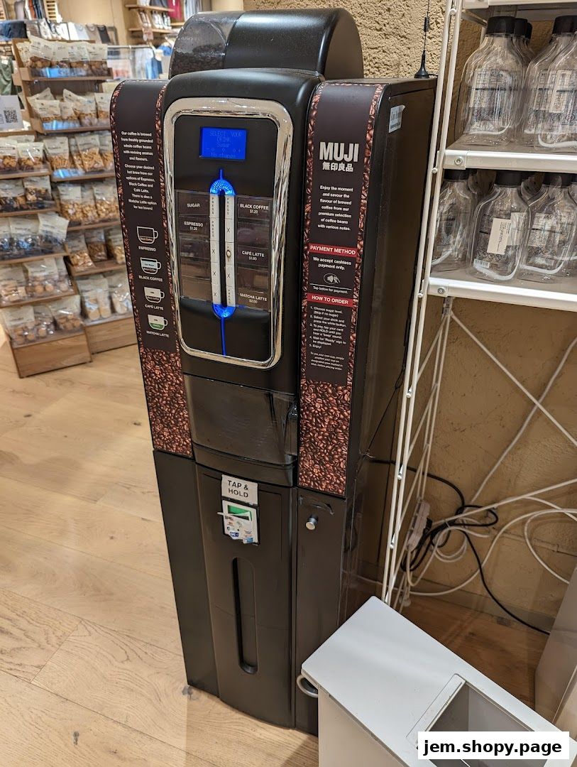 A MUJI coffee machine offering various coffee options and cashless payment.