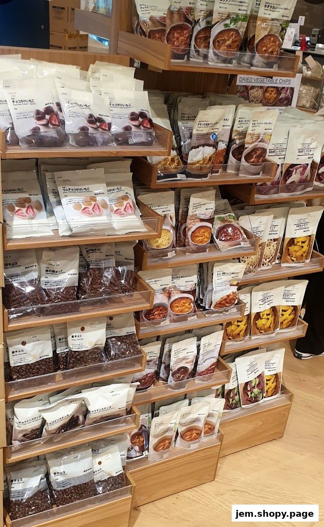 Shelves stocked with various packaged snacks and food items from MUJI.