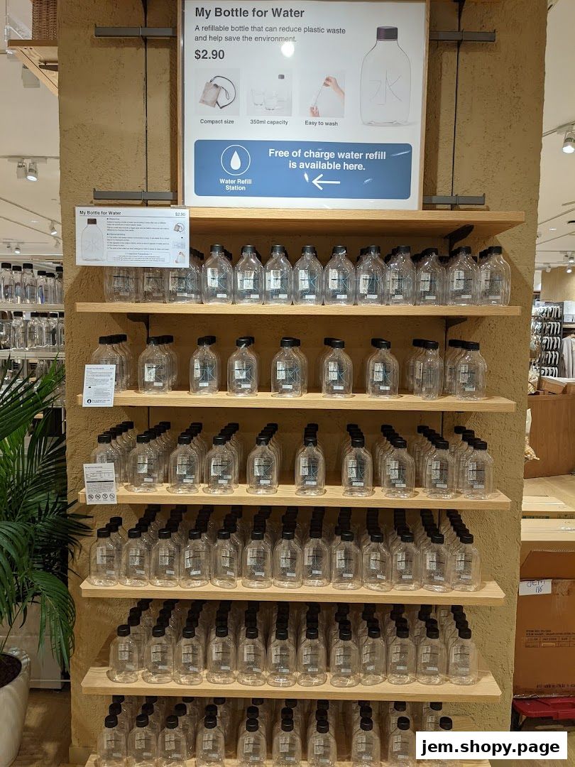 Shelves stocked with reusable water bottles, promoting sustainability and free refills.