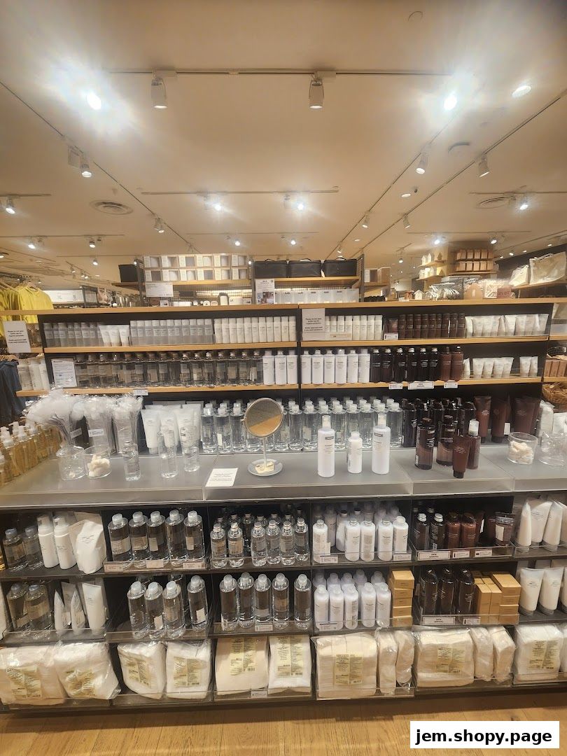 Shelves stocked with various skincare and personal care products from MUJI.