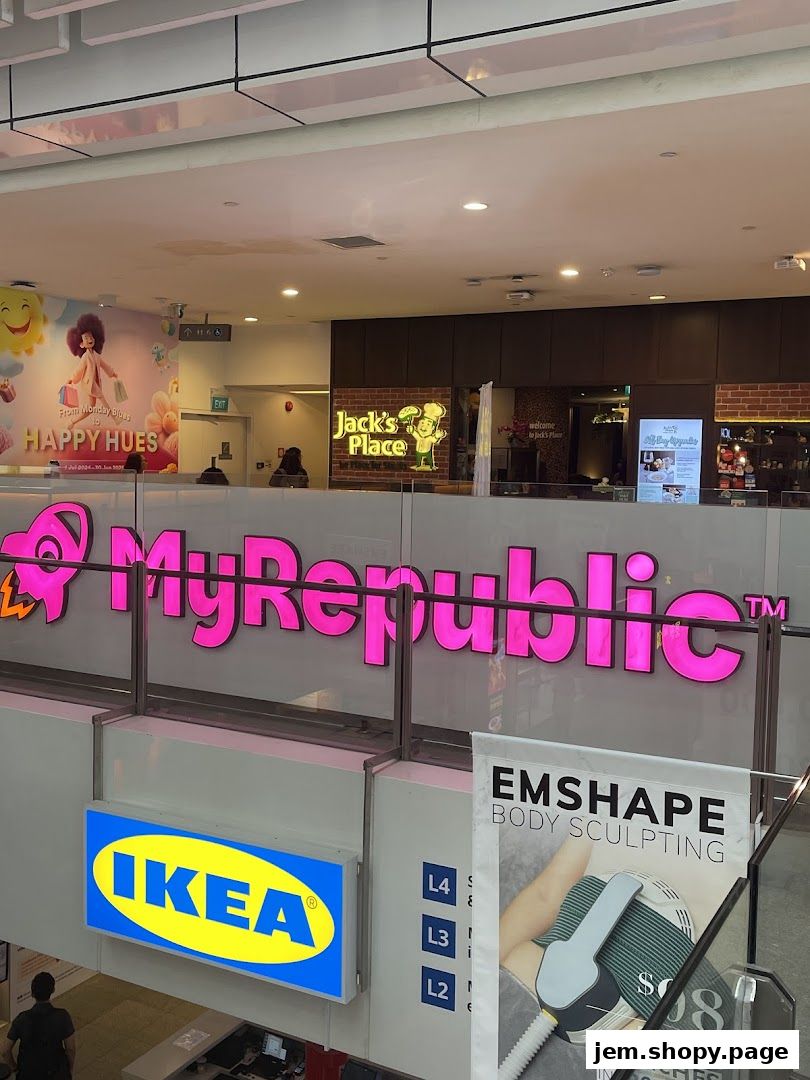 A view of the MyRepublic store entrance with signs for Jack's Place and IKEA visible.