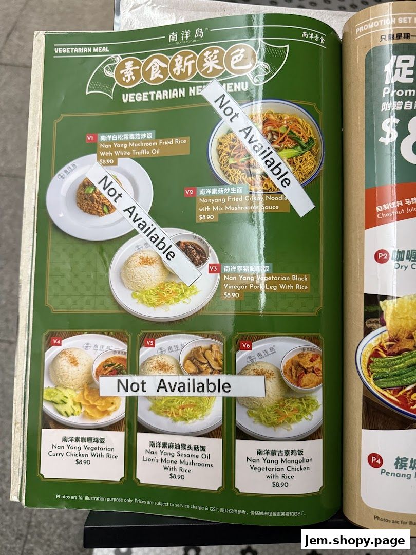 A vegetarian menu from Nan Yang Dao featuring various dishes with prices and descriptions.