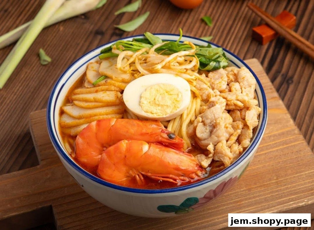 A close-up shot of a delicious bowl of Laksa with prawns, egg, and chicken.