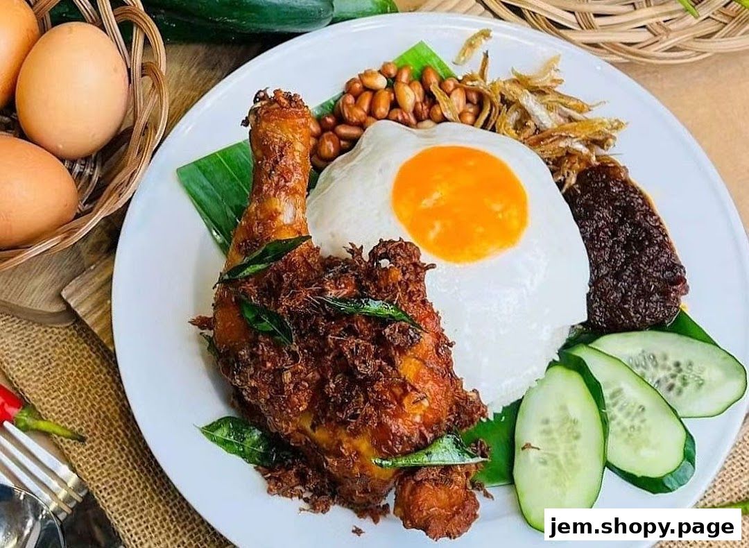 A plate of Nasi Lemak with fried chicken, egg, peanuts, anchovies, and sambal.