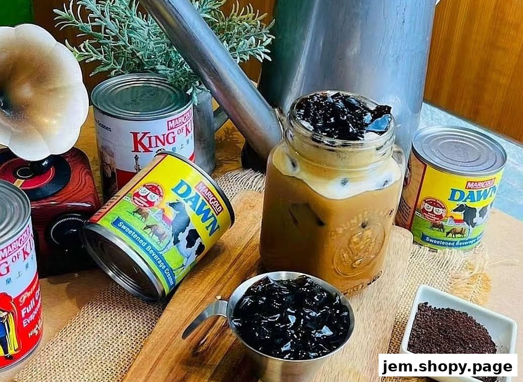 A refreshing iced coffee with grass jelly, surrounded by cans of condensed milk and evaporated milk.
