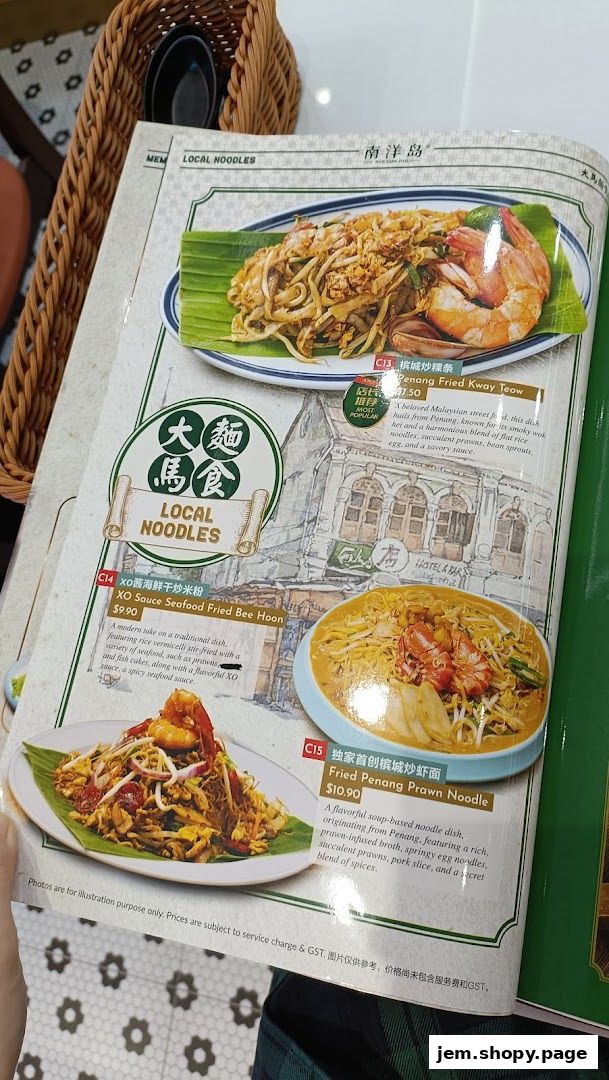 A menu from Nan Yang Dao featuring local noodle dishes with appetizing photos.