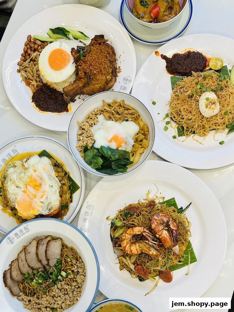 A spread of delicious Southeast Asian dishes, including noodles, rice, and fried chicken.
