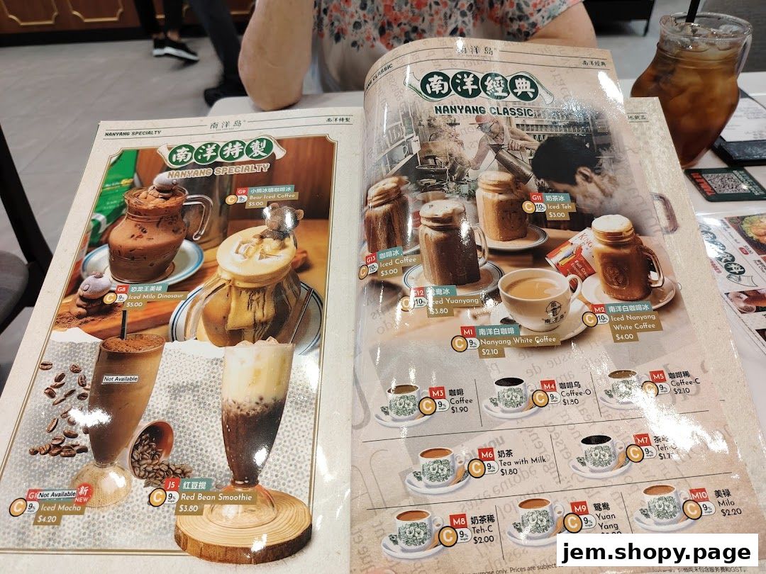 A menu from Nan Yang Dao 南洋岛 featuring various coffee and tea beverages with enticing images.